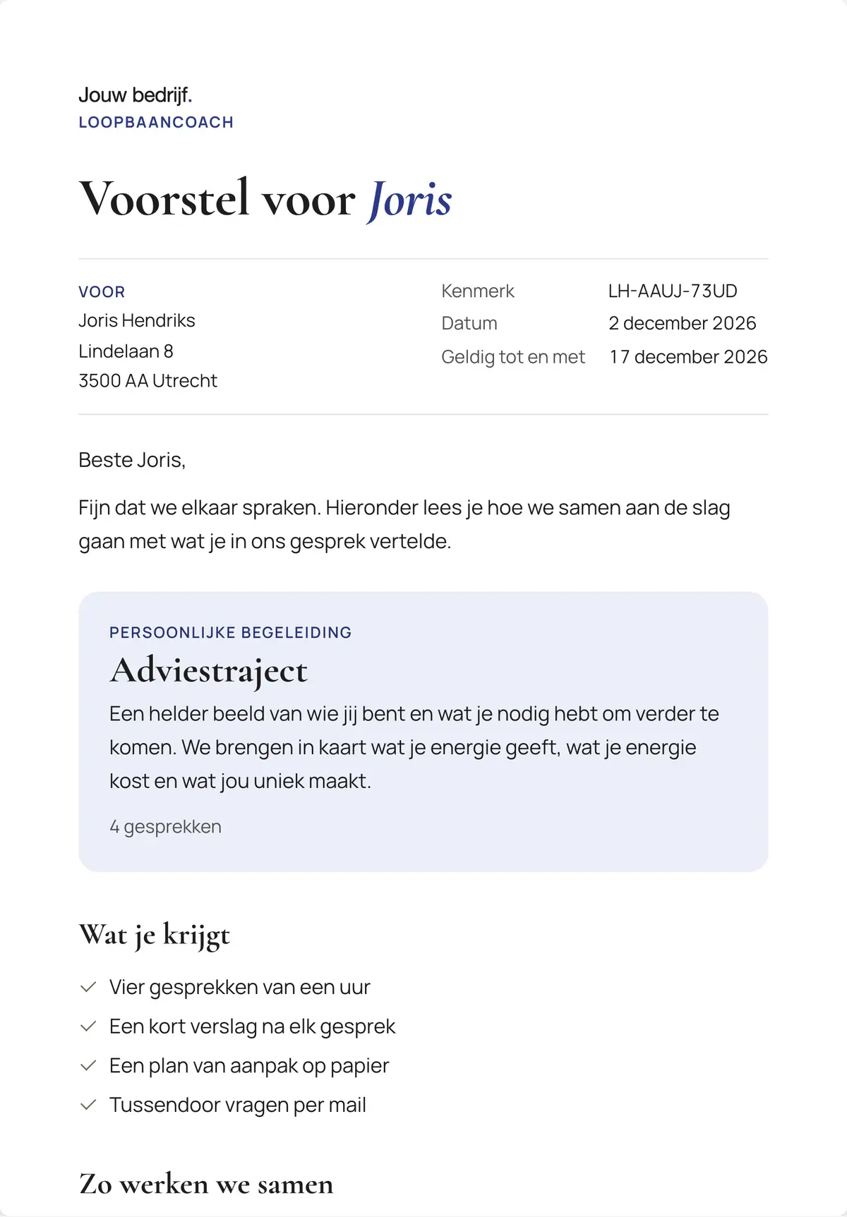 Het scherm Voorstellen van een verzonnen bedrijf