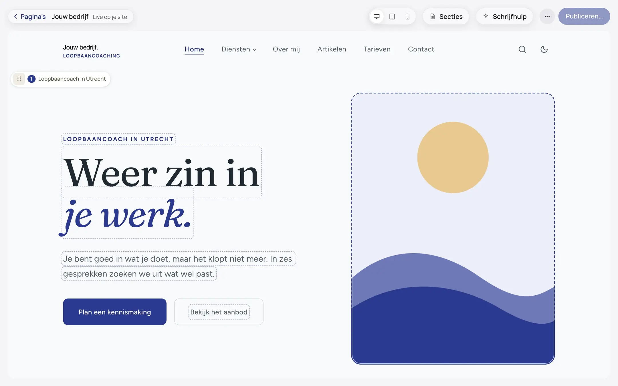 Het scherm Een pagina in de editor van een verzonnen bedrijf