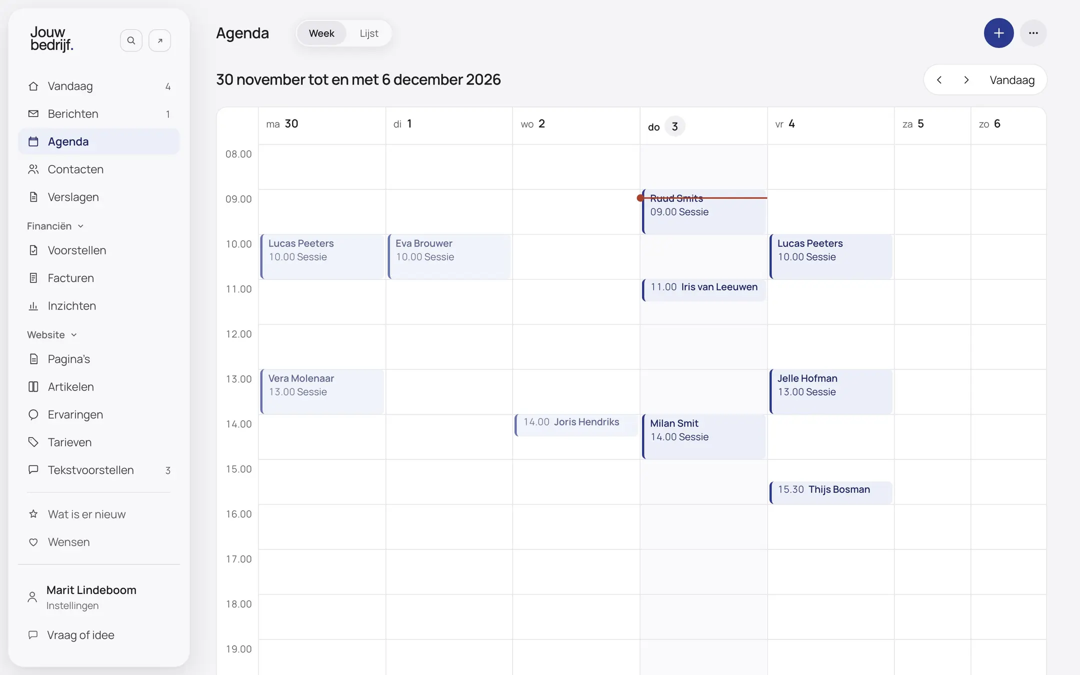 Het scherm Agenda van een verzonnen bedrijf