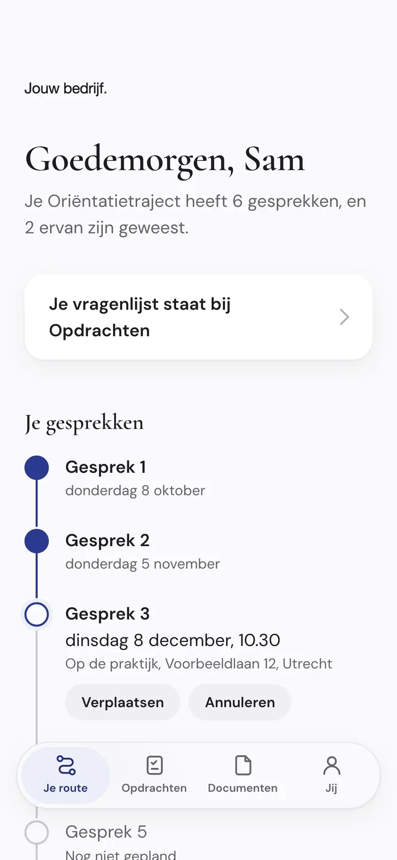 Het scherm Klantomgeving van een verzonnen bedrijf