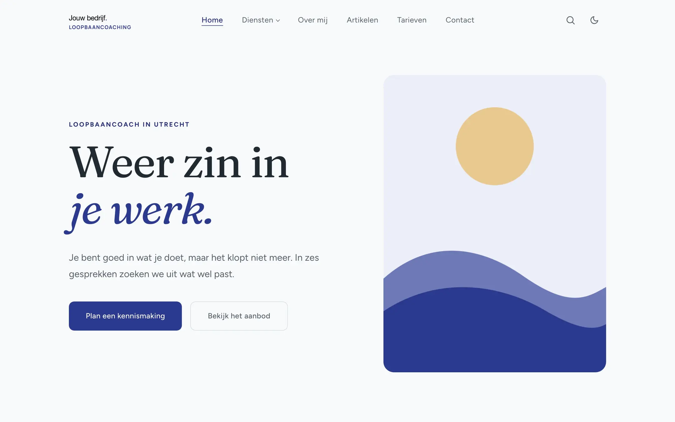 Het scherm De homepage van je site van een verzonnen bedrijf